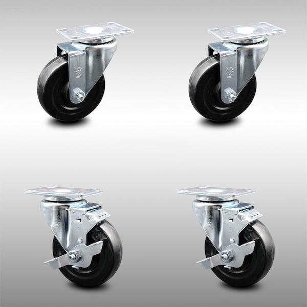 4 Inch SS Hard Rubber Wheel Swivel Top Plate Caster Set with 2 Brakes SCC